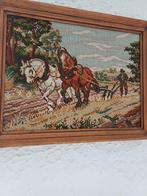 Vintage Wandtapijt met Paarden en Ploeg, Ophalen of Verzenden, Gebruikt