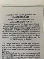 Rass x Tieben 1934 Ter Apel Vlagtwedde 1994 Veldhoven Zeelst, Ophalen of Verzenden, Bidprentje