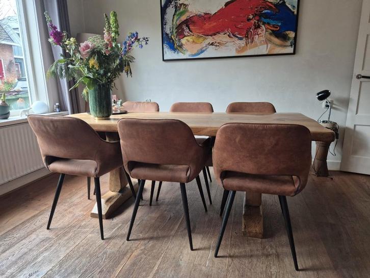 6 eetkamerstoelen leerlook cognac Woood, Huis en Inrichting, Stoelen, Zo goed als nieuw, Vijf, Zes of meer stoelen, Stof, Overige materialen