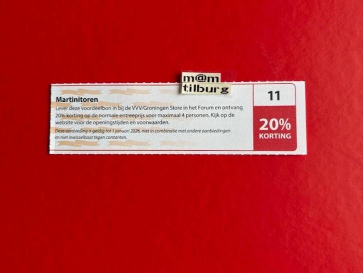 Bon 11 Martinitoren 20% korting., Tickets en Kaartjes, Kortingen en Cadeaubonnen, Drie personen of meer, Overige typen, Kortingsbon