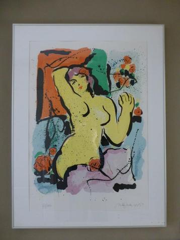 Nic Jonk grote zeefdruk 1988 "Gele vrouw" beschikbaar voor biedingen