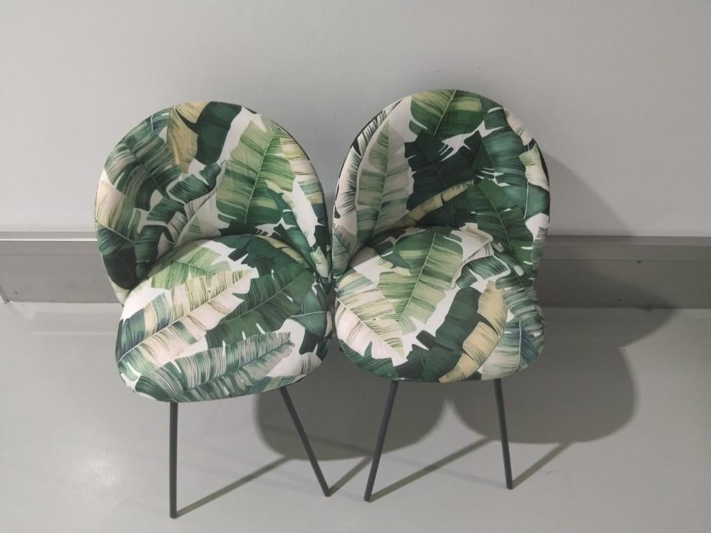 Set 2x Nieuwe Eetkamerstoelen Jungle Print – Metaal Frame, Huis en Inrichting, Stoelen, Ophalen, Twee, Overige kleuren, Moderne urban jungle
