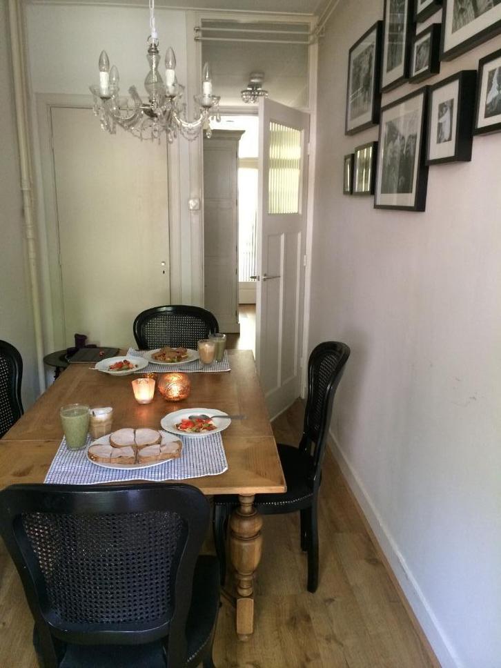 4 eetkamerstoelen  brocante Queen Anne set zwart, Huis en Inrichting, Stoelen, Gebruikt, Vier, Hout, Stof, Overige materialen