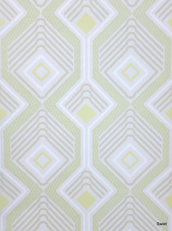 14263 vintage geometrisch behang lime beige seventies swiet, Huis en Inrichting, Stoffering | Behang, Wit, Beige, Ophalen of Verzenden