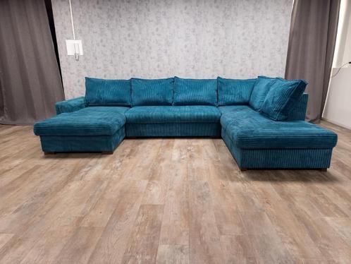 GRATIS BEZORGEN | ZEER MOOI BLAUWE AQUA RIBSTOF U BANKSTEL, Huis en Inrichting, Banken | Bankstellen, Zo goed als nieuw, Hoekbank