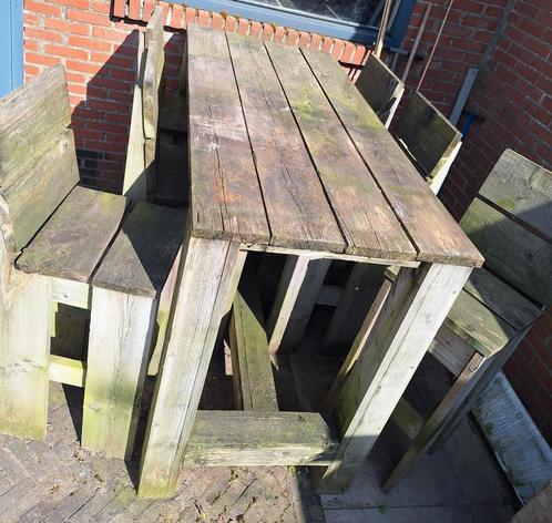 Een gave, hoge buiten tafel met 6 stoelen van steigerhout., Tuin en Terras, Tuinsets en Loungesets, Gebruikt, Tuinset, Steigerhout