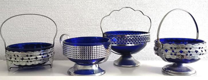 Kobalt blauw glazen suikerpot -creamer -bonbonnière e.d. 80s, Antiek en Kunst, Antiek | Glas en Kristal, Ophalen of Verzenden