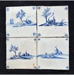 Fraai tableau van 4 antieke Delftse tegels met landschappen, Ophalen of Verzenden
