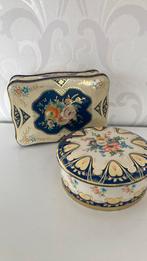 Vintage - set 2 - Engelse koektrommel blik - bloemen - blauw, Ophalen of Verzenden