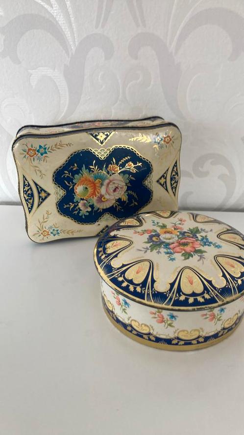 Vintage - set 2 - Engelse koektrommel blik - bloemen - blauw, Antiek en Kunst, Curiosa en Brocante, Ophalen of Verzenden