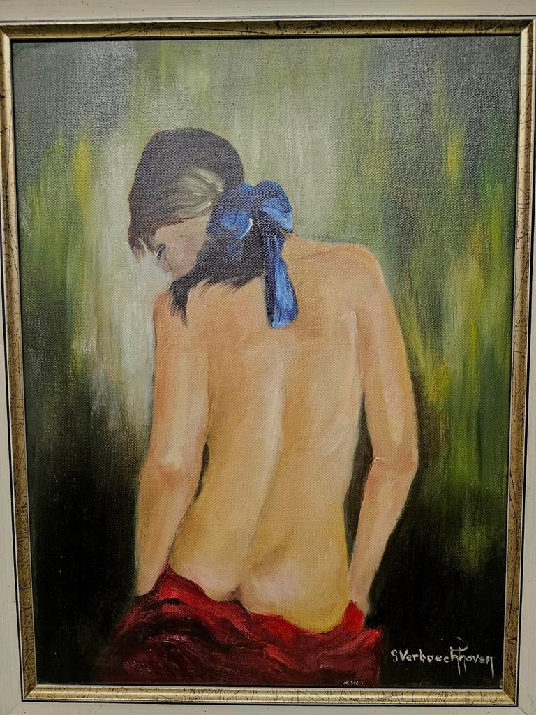 Schilderij Meisje met blauwe strik. gesigneerd, Ophalen of Verzenden