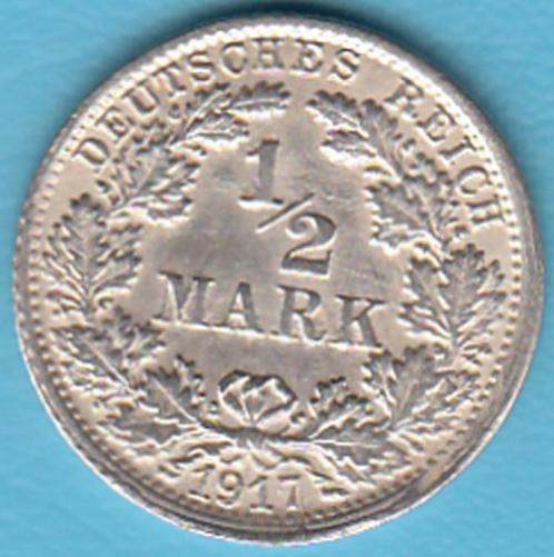 Duitse Rijk Halve Mark 1917 F Crowned Imperial Eagle zilver, Postzegels en Munten, Munten | Europa | Niet-Euromunten, Losse munt