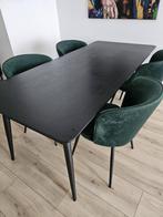 Zwarte eettafel met 4 groene stoelen, 200 cm of meer, Zo goed als nieuw, Vijf personen of meer, Metaal