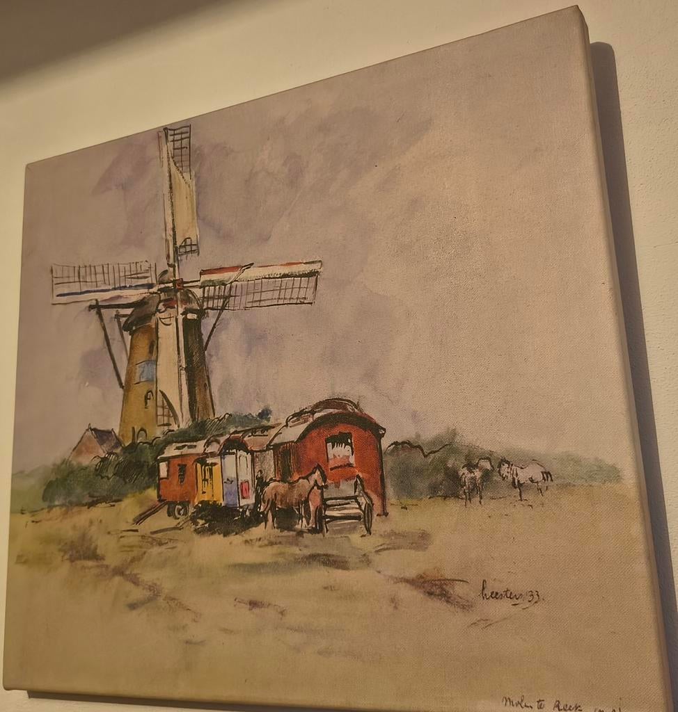 Schilderij: Molen en woonwagens ( Reproductie), Antiek en Kunst, Ophalen of Verzenden