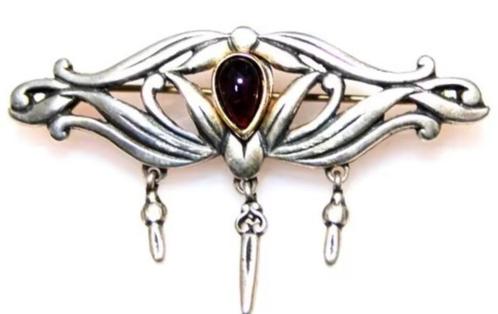 Schitterende Deense Art Nouveau Zilver & Granaat Broche, Sieraden, Tassen en Uiterlijk, Antieke sieraden, Broche, Zilver, Verguld