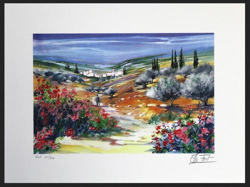 # Ella Fort # Fraaie Kleurrijke Litho " Le Village ", Antiek en Kunst, Kunst | Schilderijen | Modern, Ophalen of Verzenden