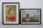 Vintage ingelijste afbeeldingen: tulpen en molen, Ophalen of Verzenden
