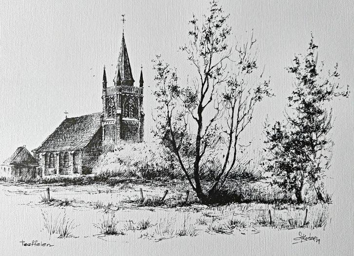 Teeffelen ... Benedictus- kerkje ... Kees Koster., Antiek en Kunst, Kunst | Tekeningen en Foto's, Ophalen of Verzenden