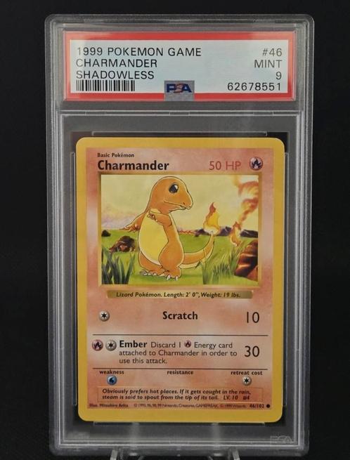 1999 Charmander 46/ Base Set Shadowless - PSA 9, Hobby en Vrije tijd, Verzamelkaartspellen | Pokémon, Zo goed als nieuw, Losse kaart