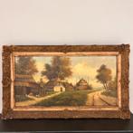 Landelijk schilderij met rietdaken en zandpad – 96x56 cm, Antiek en Kunst, Ophalen