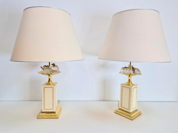 set vintage tafellamp le dauphin messing kristal fruit ´70, Huis en Inrichting, Lampen | Tafellampen, Zo goed als nieuw, Minder dan 50 cm