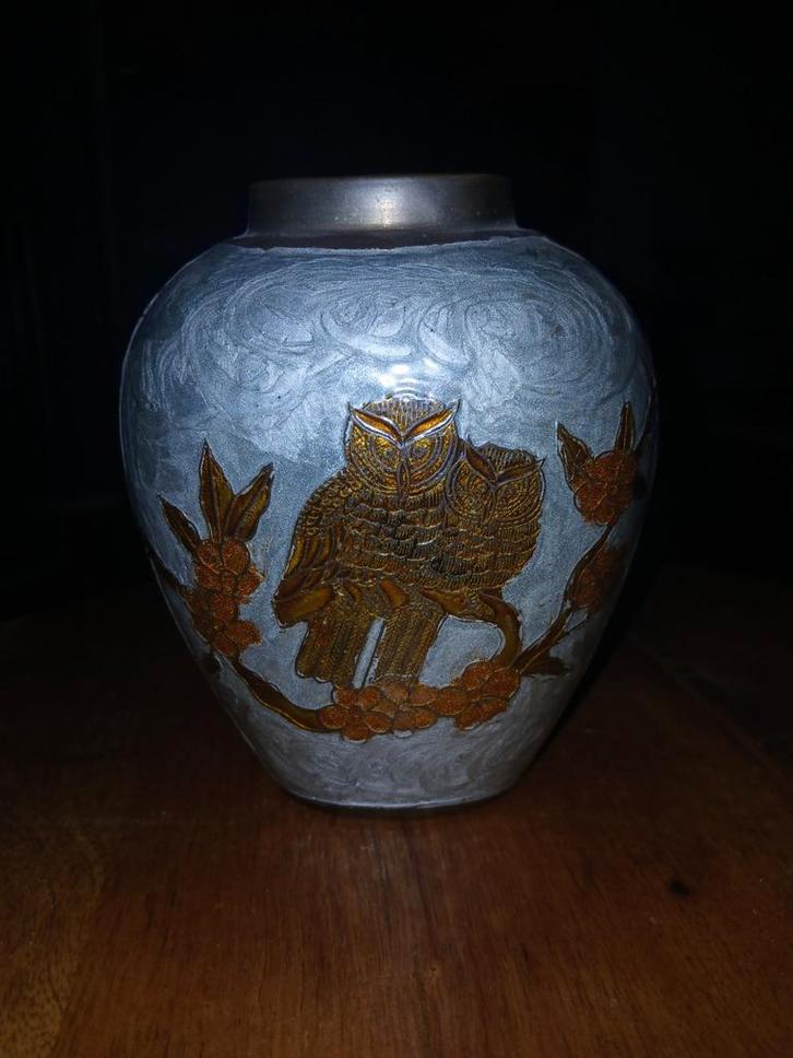 Vintage Cloisonné Vaas met Uilen, Antiek en Kunst, Antiek | Vazen, Ophalen of Verzenden