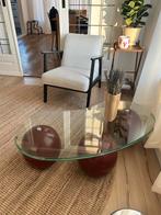 Asymmetrische salontafel met massief eikenhouten bollen, Ophalen, Gebruikt, 100 tot 150 cm, Glas