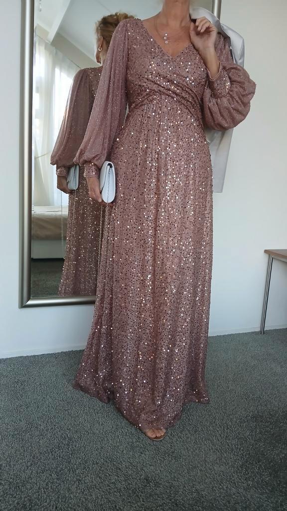 Glitterende Lange Jurk - Maat 42, Kleding | Dames, Jurken, Zo goed als nieuw, Maat 42/44 (L), Beige, Onder de knie, Ophalen of Verzenden
