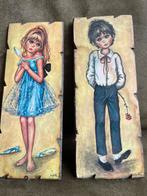 Vintage retro jaren 70 schilderijtjes jongen meisje, Ophalen of Verzenden