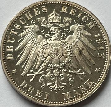 Saksen drie mark 1913E zeldzame proof munt! beschikbaar voor biedingen