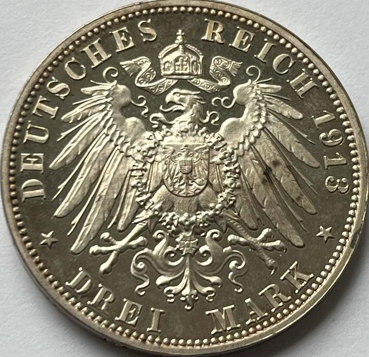 Saksen drie mark 1913E zeldzame proof munt!, Postzegels en Munten, Munten | Europa | Niet-Euromunten, Losse munt, Duitsland, Ophalen of Verzenden