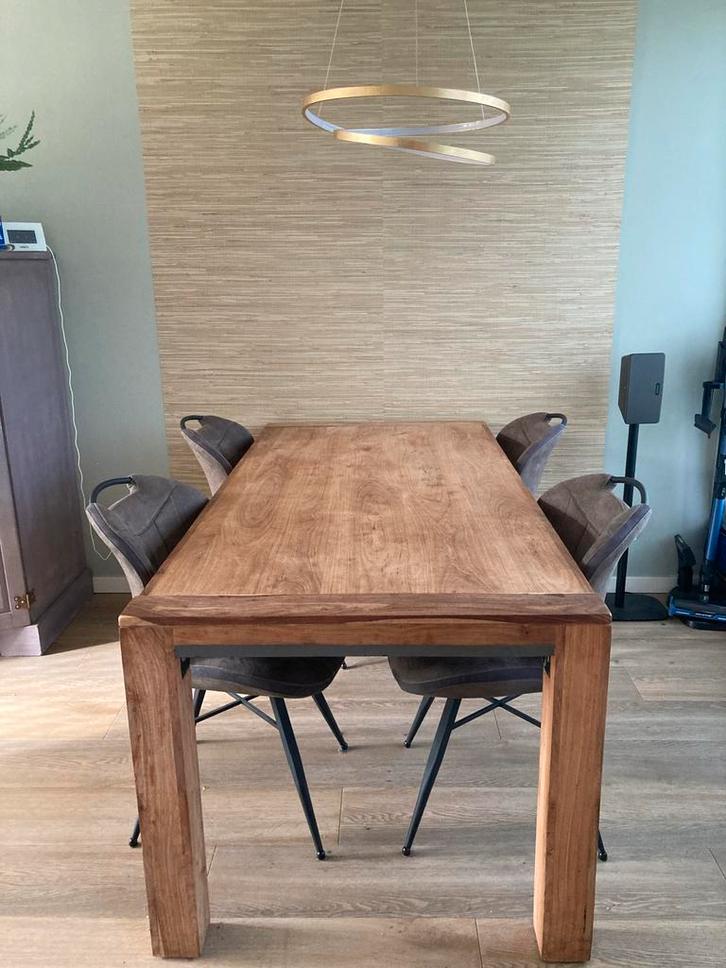 Teakhouten eettafel + 4 stoelen (uitschuifbaar), Huis en Inrichting, Tafels | Eettafels, Zo goed als nieuw, 50 tot 100 cm, 150 tot 200 cm