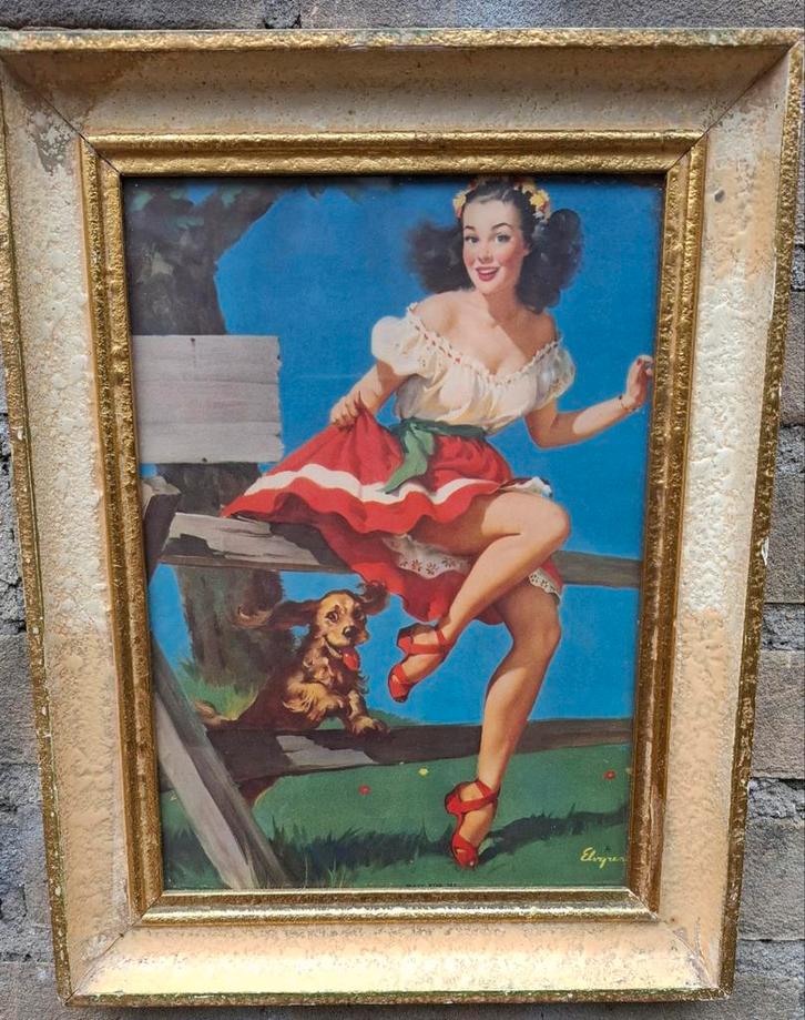PIN-UP model met Cocker Spaniel. Ca '50. Chromolithografie., Antiek en Kunst, Curiosa en Brocante, Ophalen