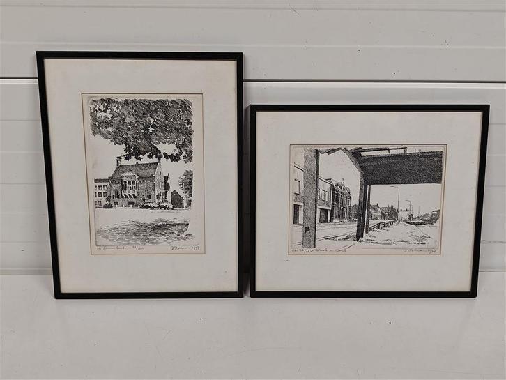 A6632 Etsen van P Hofman [twee stuks], Antiek en Kunst, Kunst | Etsen en Gravures, Ophalen of Verzenden