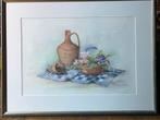 Bloem Stilleven viooltjes met  stenen kruik aquarel, Ophalen of Verzenden