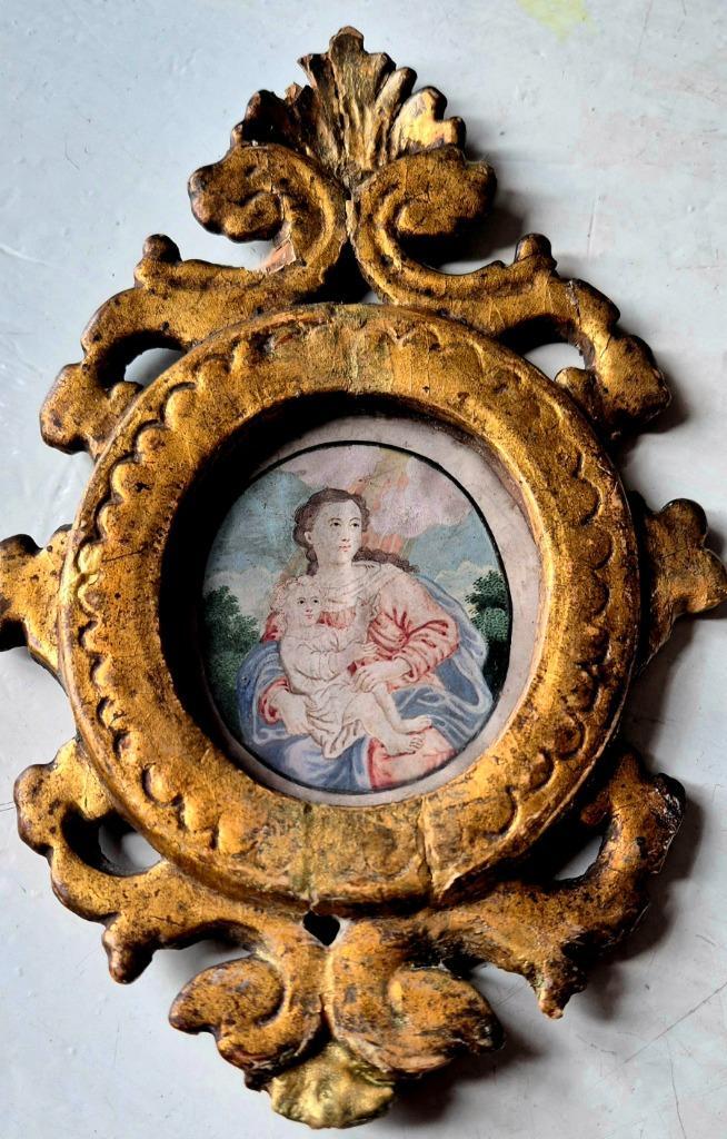 Madonna en kind , tekening 18e eeuw in vergulde lijst, Antiek en Kunst, Antiek | Religie, Verzenden