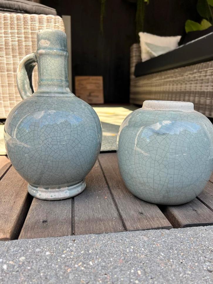 Set van 2 sierpotten met craquelé, Huis en Inrichting, Woonaccessoires | Vazen, Gebruikt, Overige kleuren, Minder dan 50 cm, Aardewerk of Porselein