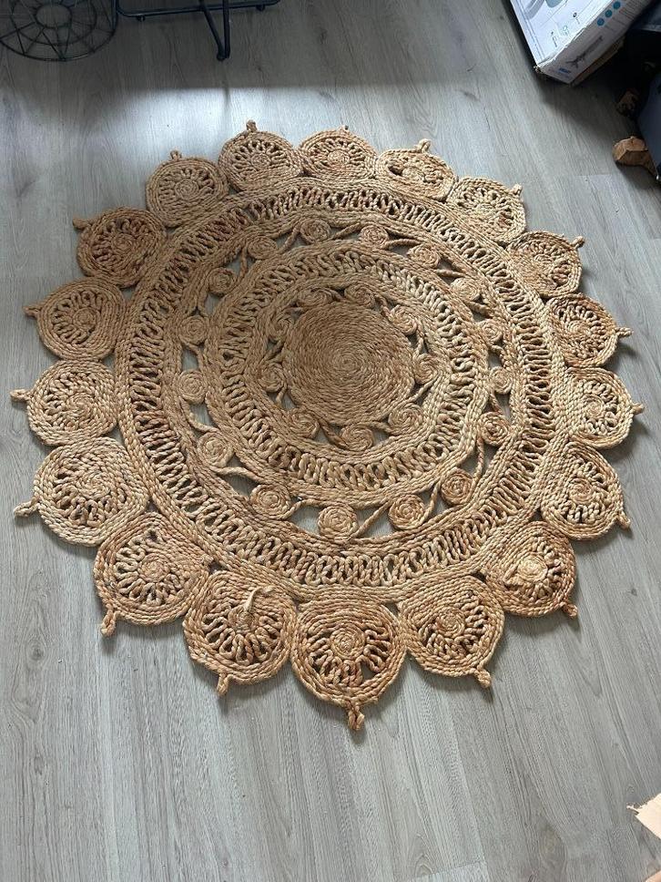 BOHO style Jute vloer- of wandkleed rond, opengewerkt 126 cm, Huis en Inrichting, Stoffering | Tapijten en Kleden, Zo goed als nieuw