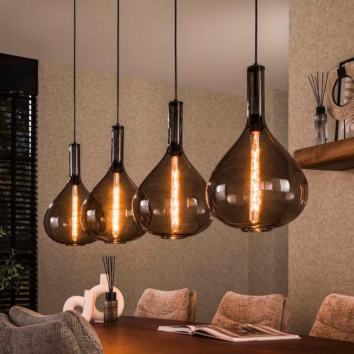 Hanglamp Suki Smoke glas, 4-lamps van Lifestylefurn, Huis en Inrichting, Lampen | Hanglampen, Nieuw, 75 cm of meer, Glas, Ophalen