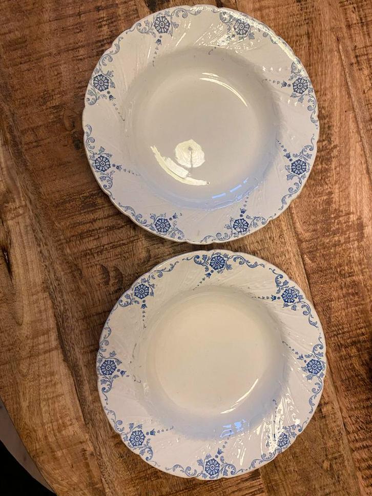 6 brocante borden Mignon Lunevillle petrol blauw bloemmotief, Antiek en Kunst, Antiek | Servies los, Ophalen of Verzenden