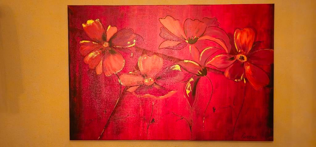Bloemen schilderij op doek - Rode tinten, Antiek en Kunst, Kunst | Schilderijen | Klassiek, Ophalen of Verzenden