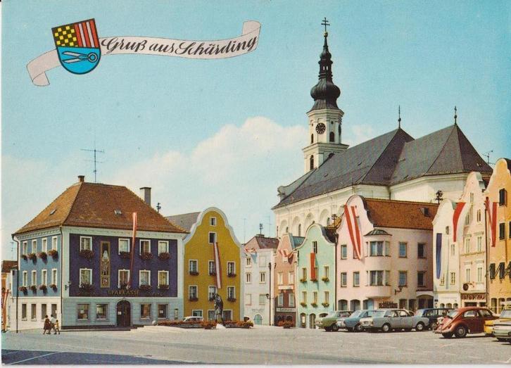 Oostenrijk, Scharding met auto's. Ford Cortina, VW Kever, Verzamelen, Ansichtkaarten | Buitenland, Gelopen, Oostenrijk, 1960 tot 1980