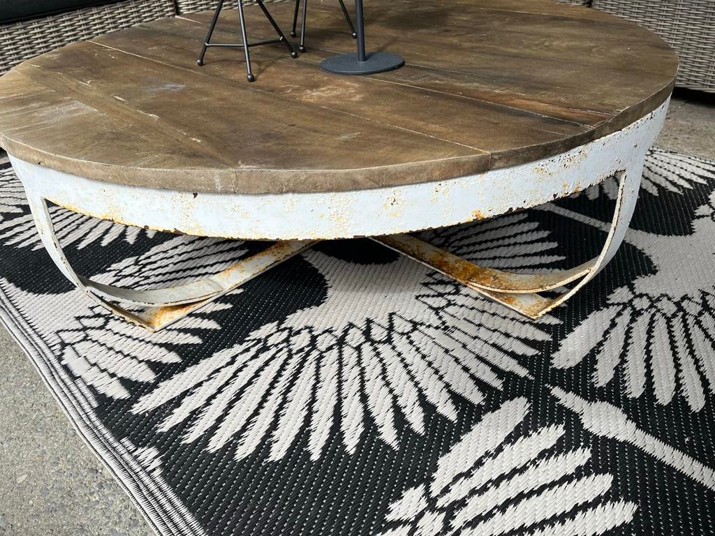 Ronde salontafel met houten blad en metalen onderstel, Ophalen, Gebruikt, Rond, 50 tot 100 cm