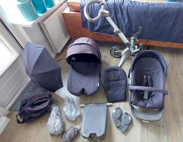 Zwart Stokke Xplory combiwagen enz.  Zeer complete set, Ophalen, Combiwagen, Overige merken, Verstelbare duwstang