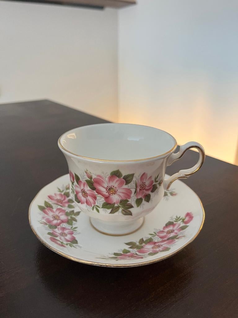 Queen Anne kopje en schotel – vintage – bloemen & goudrand, Ophalen, Nieuw, Porselein, Kop en/of schotel