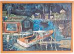 Vintage Schilderij stijlvol havenzicht op doek ‘69 in lijst, N, Ophalen of Verzenden, N, N