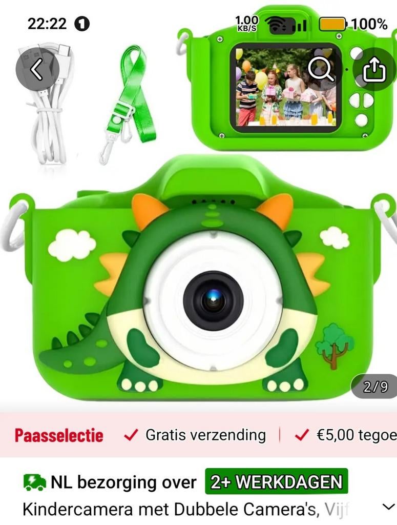 Nieuwe kindercamera groen draakje, Audio, Tv en Foto, Fotocamera's Digitaal, Ophalen of Verzenden
