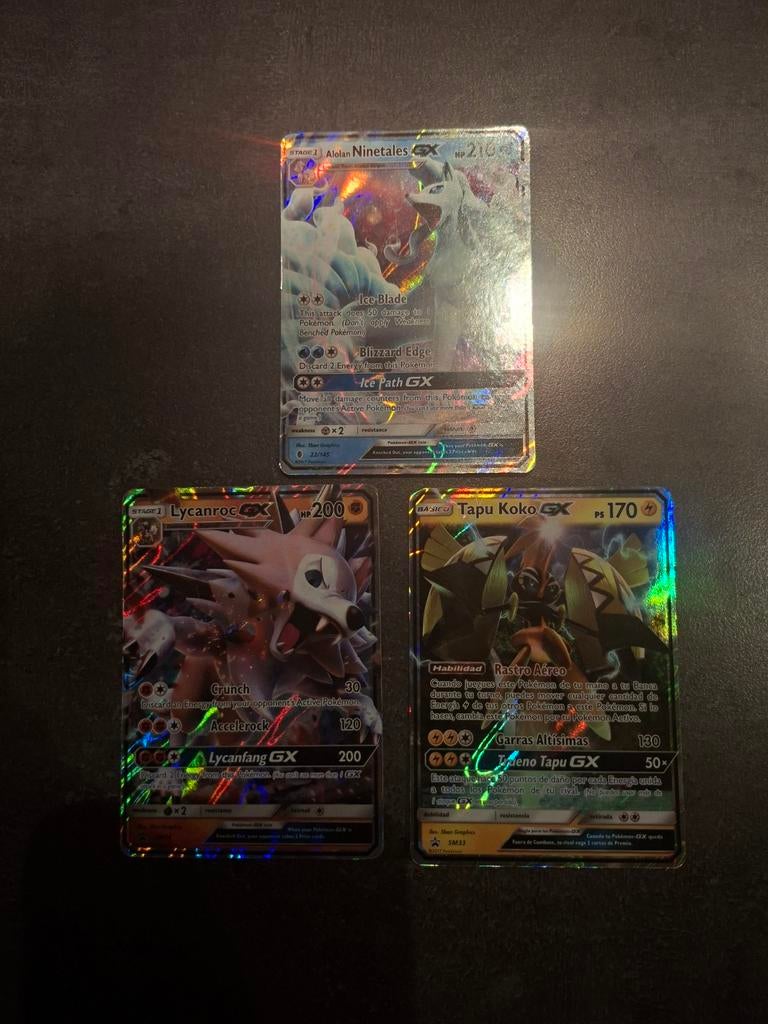 Pokémon GX Kaarten: Alolan Ninetales, Lycanroc, Tapu Koko, Ophalen of Verzenden, Gebruikt, Meerdere kaarten, Foil