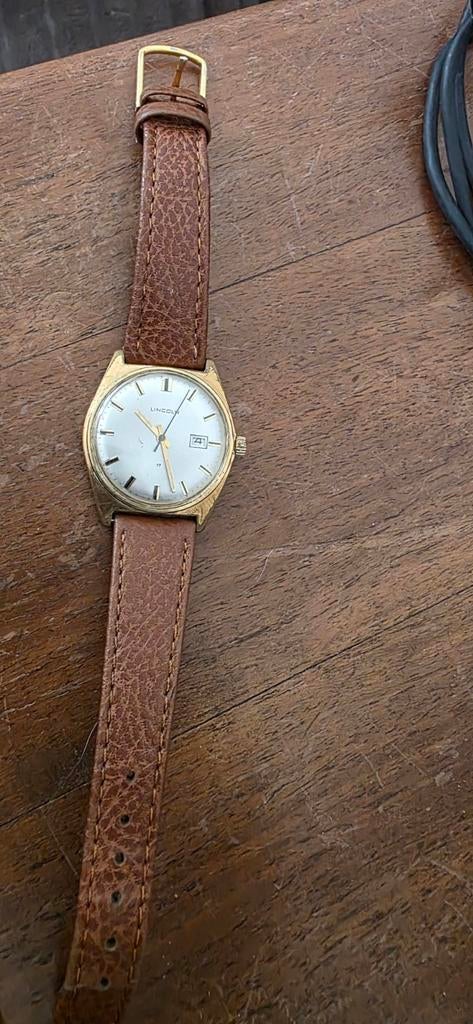 Vintage Lincoln Polshorloge - Goudkleurig met Leren Band, Sieraden, Tassen en Uiterlijk, Horloges | Heren, Ophalen of Verzenden
