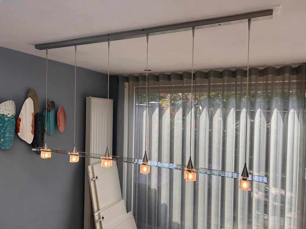 Moderne dimbare RVS hanglamp, 160 cm breed, Ophalen, Gebruikt, Metaal, 75 cm of meer